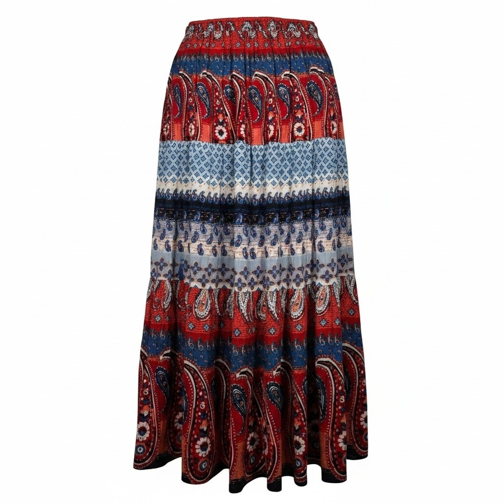 Westport 1962 Paisley Tiered Maxi Skirt Boho Red Blue Women's Medium